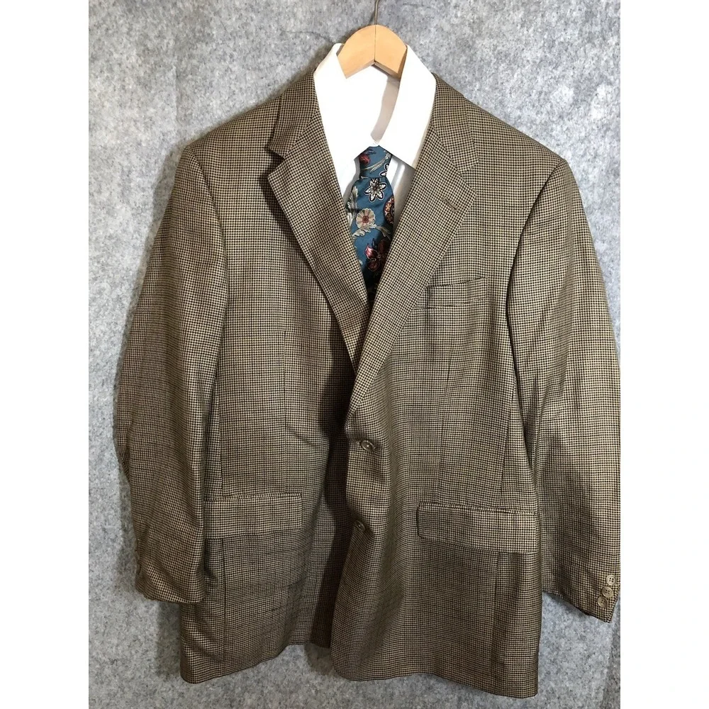 Hart Schaffner Marx Blazer Mens 46L Brown Houndstooth Wool Sport Coat Jacket USA
